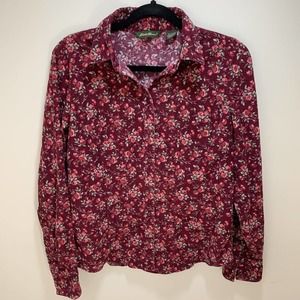 Eddie Bauer Berry Red Floral Corduroy Cotton Collared Button Down Top Medium M